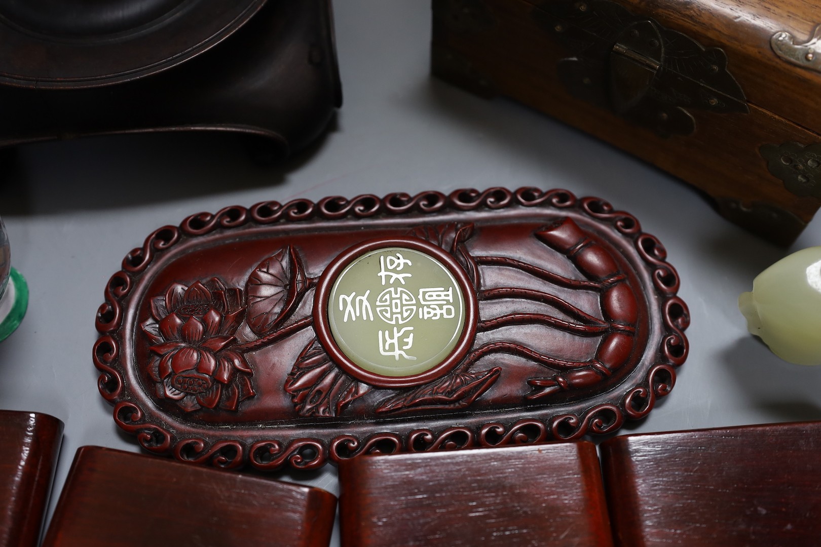 A group of Chinese wood stands, box, model chair, snuff bottle etc